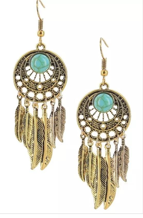 Women's Round Earrings w/ Feathers