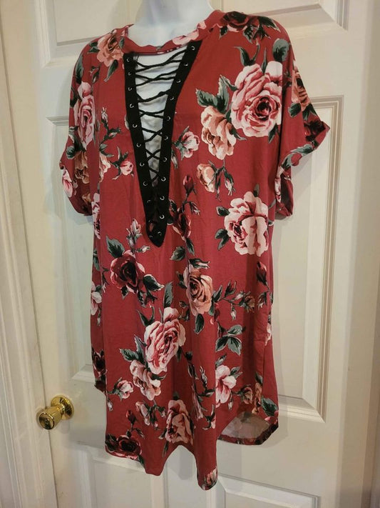 Women's 2X Rose Tunic Deep V-neck w/ Black Trim & Laces in the Front 48 Inch Chest