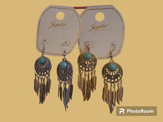 Women's Round Earrings w/ Feathers